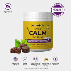 PetMade® Calm Soft Chews jar with listed benefits