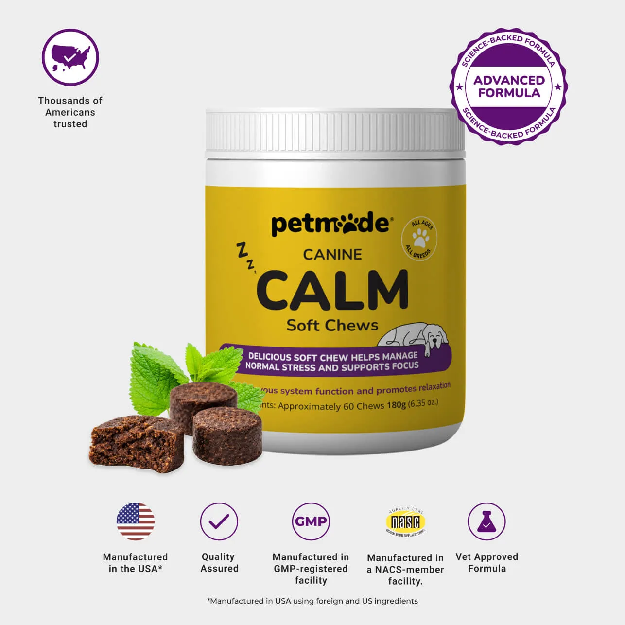 PetMade® Calm Soft Chews jar with listed benefits