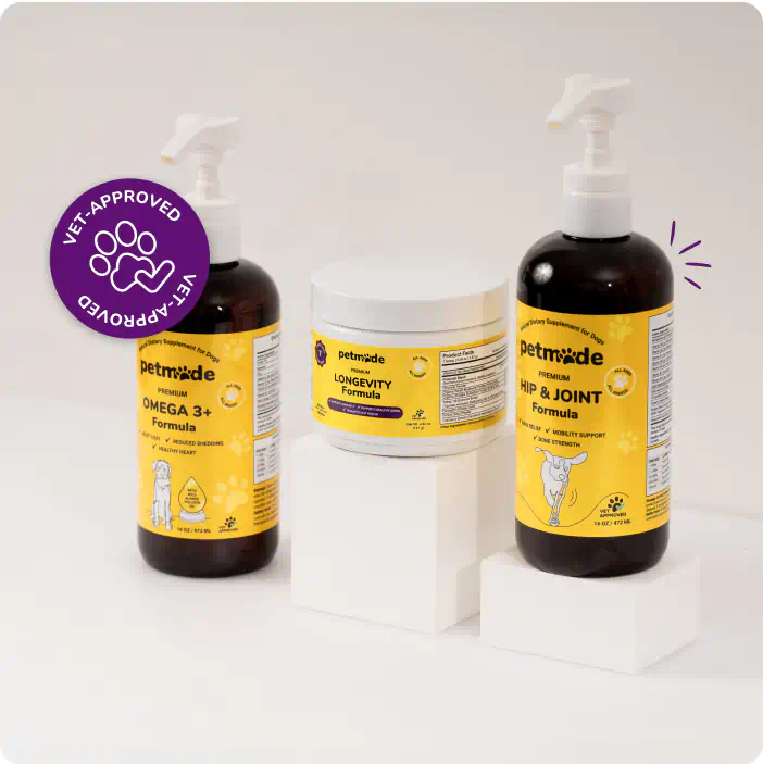 Three PetMade senior dog supplements, including Omega 3+, Longevity Formula, and Hip & Joint Formula