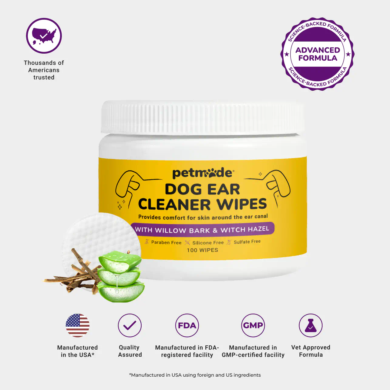 PetMade® Dog Ear Cleaner Wipes container with listed benefits