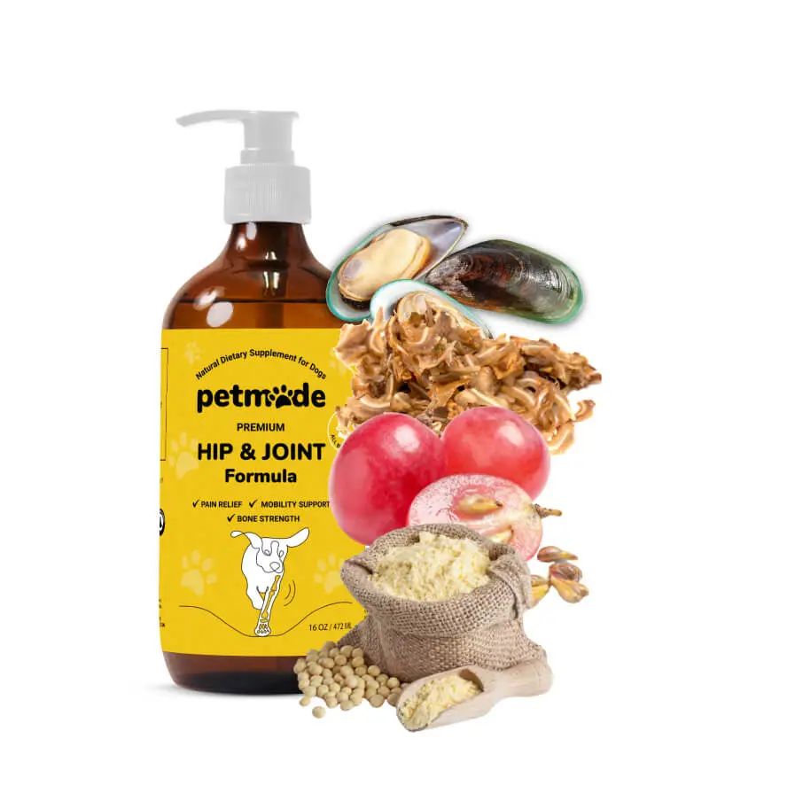 A bottle of PetMade Premium Hip & Joint Formula for dogs with ingredients displayed around it