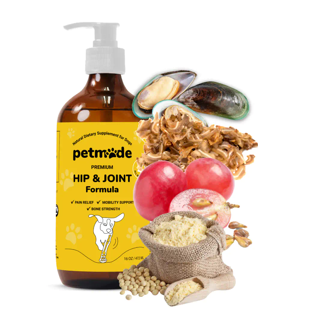 A bottle of PetMade Premium Hip & Joint Formula for dogs with ingredients displayed around it