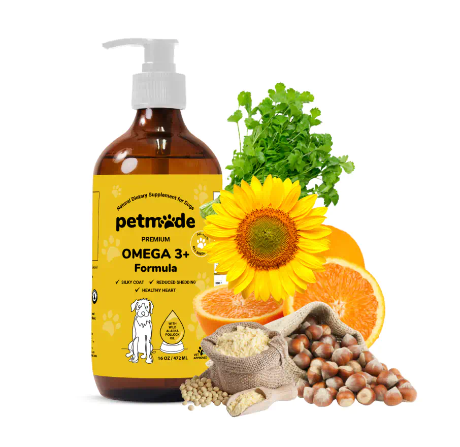 A bottle of PetMade Premium Omega 3 Plus Formula for dogs with ingredients displayed around it