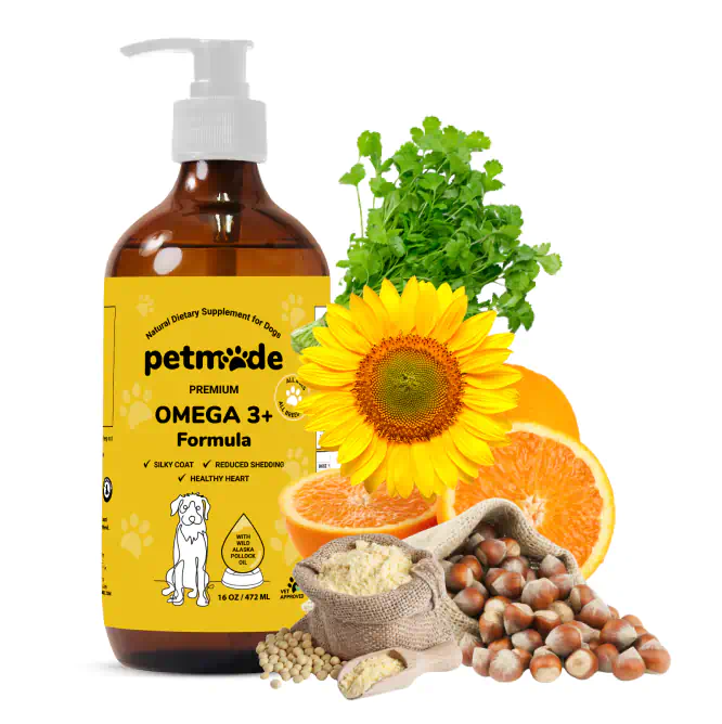 A bottle of PetMade Premium Omega 3 Plus Formula for dogs with ingredients displayed around it