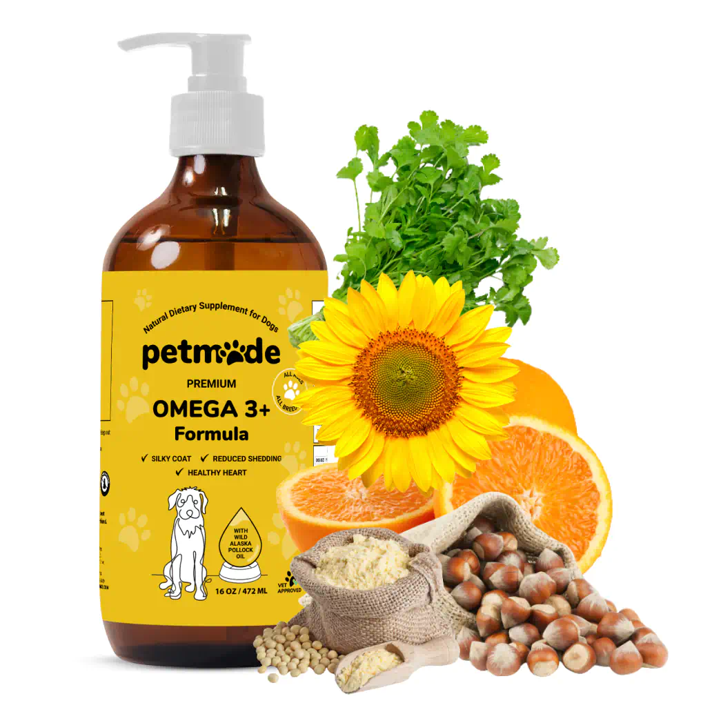 A bottle of PetMade Premium Omega 3 Plus Formula for dogs with ingredients displayed around it