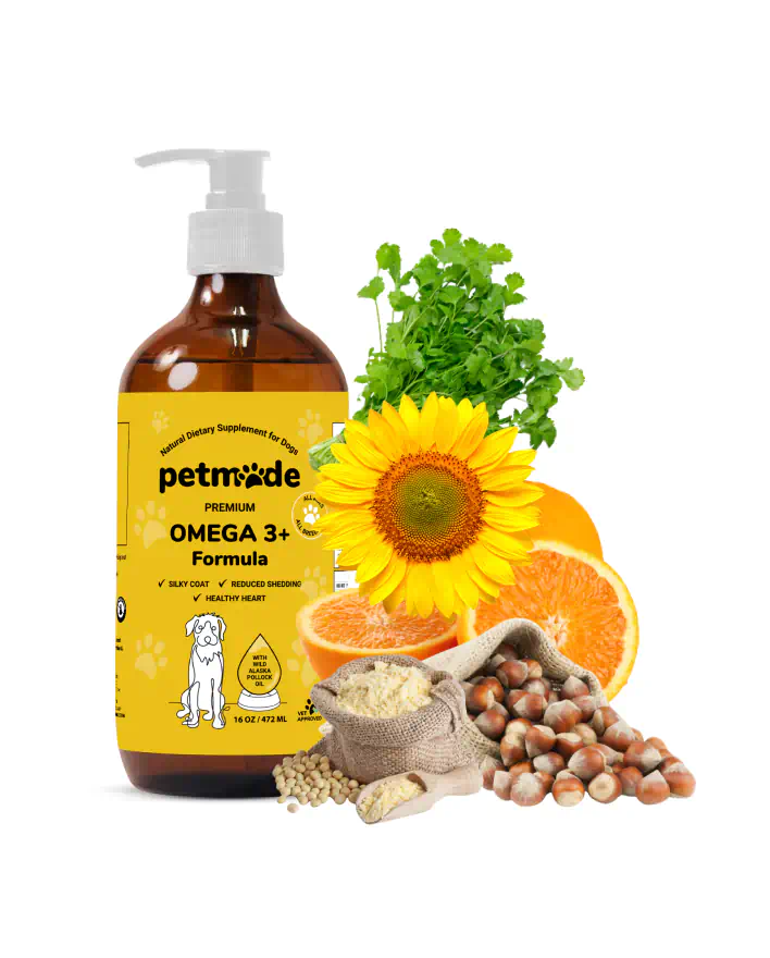 A bottle of PetMade Premium Omega 3 Plus Formula for dogs with ingredients displayed around it
